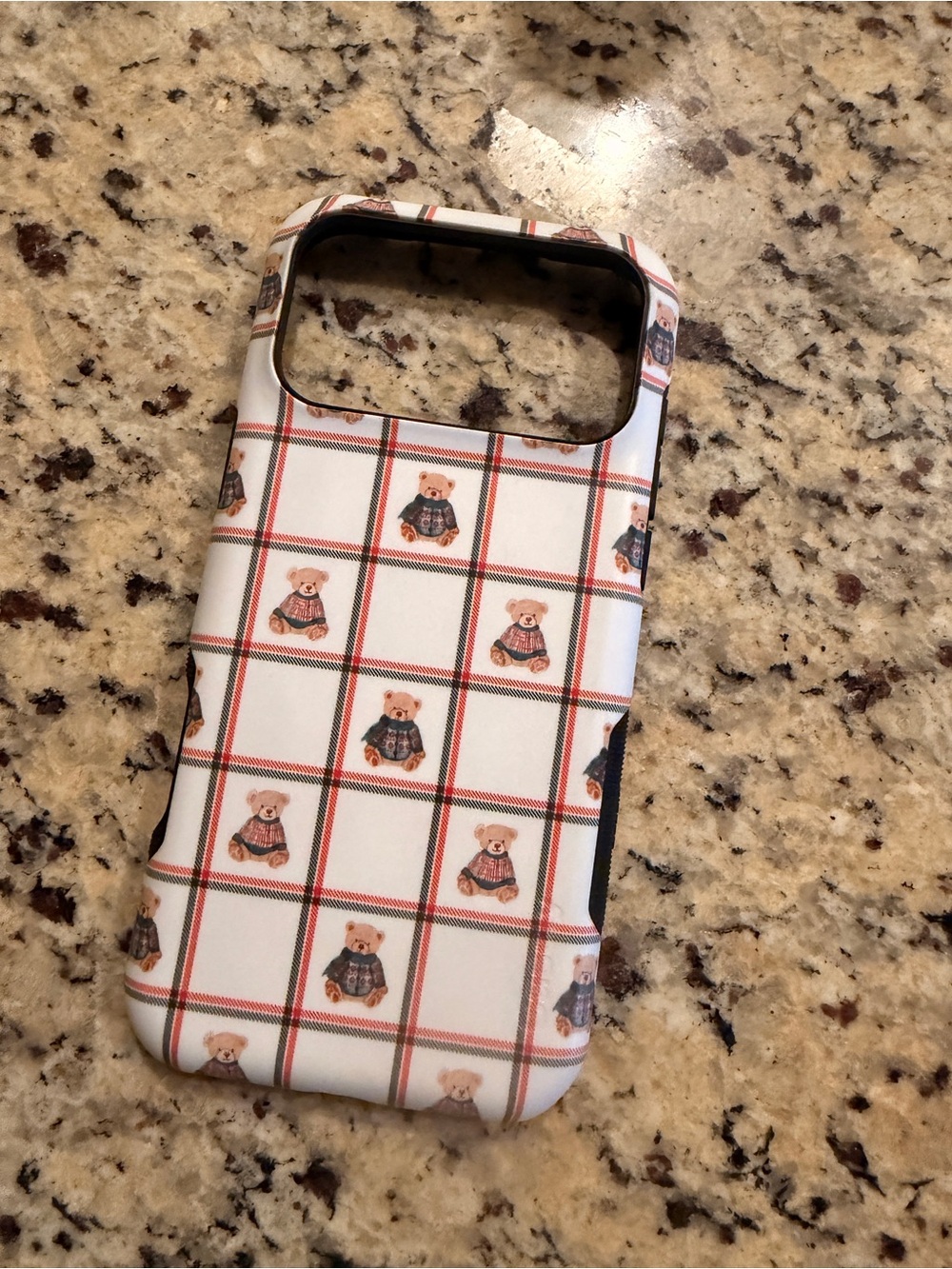 iPhone 17 pro max Teddy Bear Plaid iPhone Case - White with Brown Bears